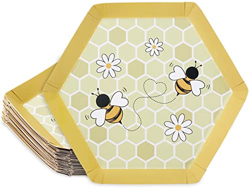 Whaline 24Pcs Bee Plates Bee Pattern Paper Plates Safe Disposable Tableware Yellow White Plates for Birthday Spring Summer Party Picnic Supplies Appetizers Fruit Dessert Decoration