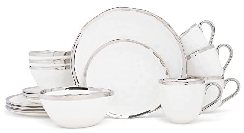 Elanze Designs 16-Piece Metallic Bubble Porcelain Ceramic Plates Bowls Mugs Dinnerware Set - Service for 4, White With Silver Accents