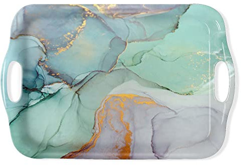 Serving Tray Decorative Tray with Handles Multi-Purpose Rectangular Serving Trays for Restaurant, Parties, Coffee Table, Kitchen - Teal Marble Pattern