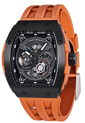 TSAR BOMBA Automatik Uhr Herren wasserdichte 50M Luxus Mechanisch Skeleton Armbanduhr Herren Analog Militär Männer Uhren mit FKM Fluorkautschuk Armband Herrenuhr Geschenke Schwarz Silber Edelstahl