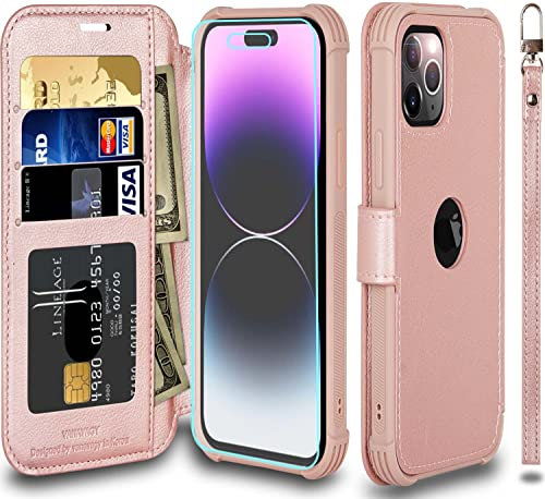VANAVAGY Compatible with iPhone 14 Pro Max Wallet Case for Women and Men,Rfid Flip Leather Cover with Wrist Supports Wireless Charging with Card Holder and Glass Screen Protector,Rose Gold