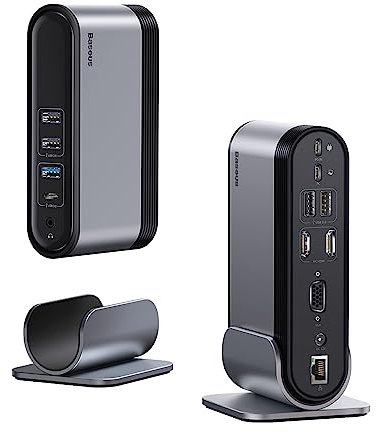 Baseus Docking Station Triple Display, 14-in-1 4K USB C Hub dockingstation mit 2 * 4K HDMI, VGA, 100W PD, 5* USB A, 1*USB C, Gigabit Ethernet, 3,5mm Audio, mit Standfuß für Windows, Mac