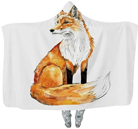 RUGINA Sherpa Decken mit Kapuze Fuchs Kuscheldecke 130 x 150 cm Tierisches Aquarell Kapuzendecke Weich Bequem Wohndecke Pelzdecke für Erwachsene Kinder