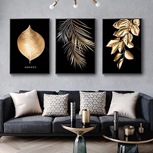 JLCZBT Images - Toile noire et dorée - Feuilles d'or - Sans cadre - Peinture murale - Décoration de salon - 60 x 90 cm