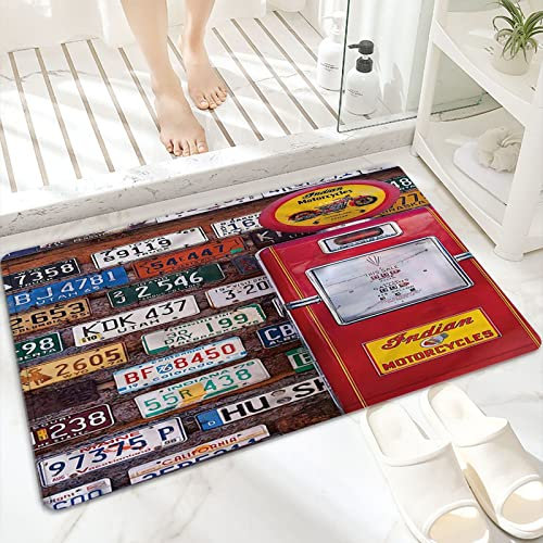 Microfiber Soft Bath Mat 60x100cm,Various Old American License Plates Behind Antique Gas Pump in Rural Utah,Non-slip Bathroom Mats Machine-washable, Shower Water Absorbent Bath Rug Durable Floor Mats