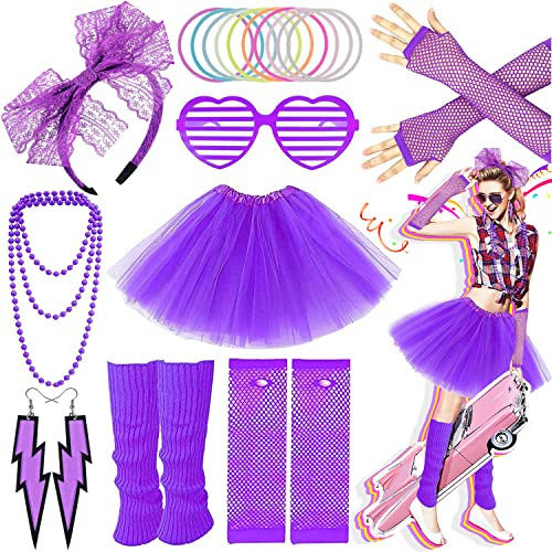 Ronilp 80s Fancy Dress For Women,1980s Fancy Party Purple Costume Accessories Set, Tutu Skirt Leg Warmers Necklace Bracelets Fishnet Gloves 80s Lace Bow Headband Earrings Sunglasses