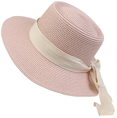 NiceYnn Women Wide Brim Sun Protection Beach Hat White Ribbon Bowknot Straw Cap Casual Ladies Flat Top Hat Boater Church Outdoor Cap E White Bow & Light Pink