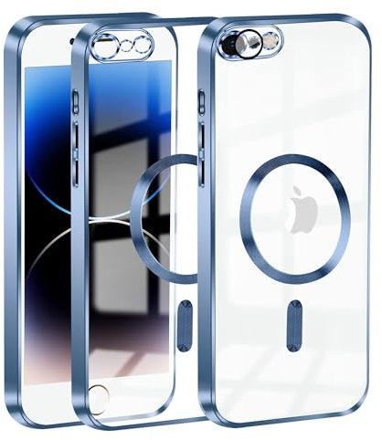 Cover Magnetica per iPhone 8, iPhone SE 2020/SE 2022, Custodia Compatibile con MagSafe, Protezione Antiurto Telefono Silicone [Copertura della fotocamera]-Blu Trasparente