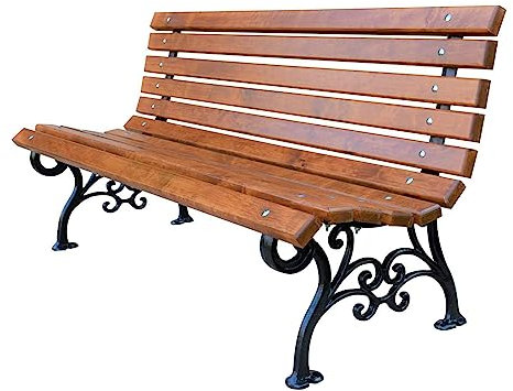 Fiemar Gartenbank aus Erlenholz und Gusseisen Massivholz Wetterfest Parkbank Stitzbank Gartenmöbel für Balkon Garten Park L150 x H73 x T40