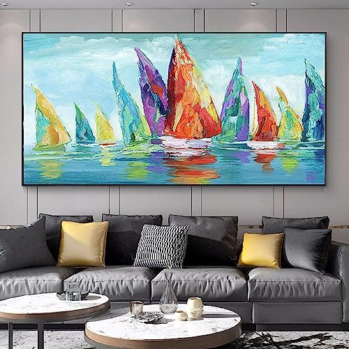 Paysage Marin Affiche Voiliers Colorés Abstraits Toile Tableau Art Peintures Decoration Murale pour Salon Chambre Tableau Decoration, sans Cadre (50X100CM)