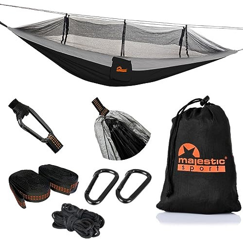 MAJESTIC SPORT Camping Hängematte Outdoor mit Moskitonetz, Leichte Nylon 210T Camping Reisehängematte 250 kg260x140 cm, tragbar für Ausflüge in die Berge in den Wald, Schwarz