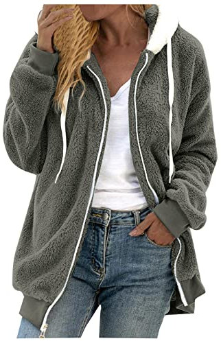 Kapuzenjacke Damen Kapuzenjacke Damen Teddy-Fleece Mantel Übergangsjacke mit Kapuzen mit Taschen Reißverschluss Herbst Winter Plüschjacke Fleecejacke Winterjacke Teddyjacke Wollmantel Jacke Outwear
