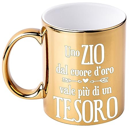 Bombo Tazza in Ceramica Metallizzata Color Oro per festeggiare lo Zio, con la frase Uno Zio dal cuore d'oro vale più di un TESORO