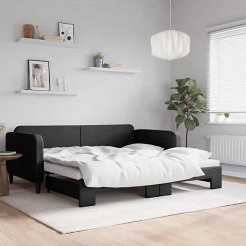 DJEKA 100x200 cm Jugendbett 100x200 cm Bett Mit Ausziehbett Schwarz-4 Tagesbett 100x200 Ausziehbar Tagesbett aus Holz Tagesbettgestell Sofabett Schlafsofa Stoff