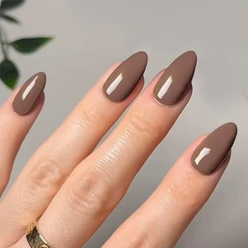 24pcs Short Almond False Nails, Dark Coffee Stick-on Solid Color Press-on Removable Glue-on Full Cover Fake Nails for Women - Bridal Nail Art Accessories