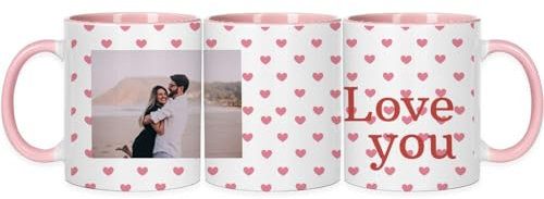 Wanapix | Tazas San Valentín Personalizada con Foto | Taza Parejas | Regalo Original Día de los Enamorados | 325ml | Interior y asa rosa| Love you