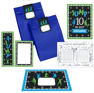 Minkocards 12 Einladungskarten zum 10. Kindergeburtstag Junge Mädchen Jump Trampolin zehnte Geburtstag incl. 12 Umschläge, 12 Tüten/blau, 12 Aufkleber, 12 Lesezeichen, 12 Blöcke, 12 Schiffe versenken