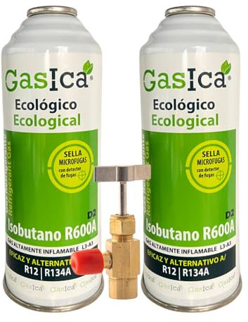 2 ENVASE GAS ORGÁNICO ECOLÓGICO GASICA D2 COMPATIBLE CON R134A R12 226GR CADA BOTELLA + VALVULA INCLUIDA AUTOMOCIÓN