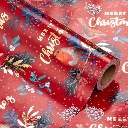 WRAPAHOLIC Weihnachts-Geschenkpapier – Mini-Rolle – 43 cm x 100 cm – Folien-roter Vogel und Frohe Weihnachten Design für Feiertage und Partys