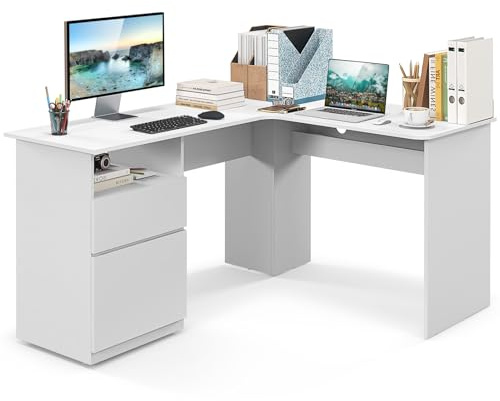COSTWAY L-Shaped Computer Desk, 150cm Modern Large Corner Desk Writing Study Table with Open Compartment, Home Office PC Laptop Gaming Workstation (White, 150 x 120 x 76 cm, no Charging Station)