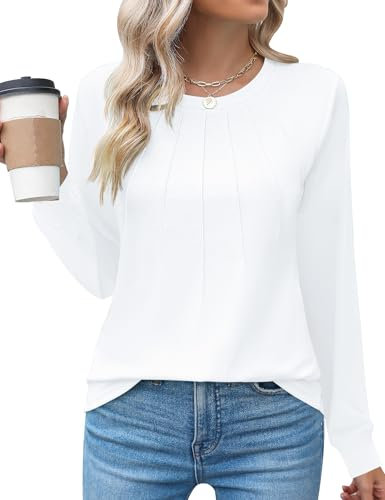 Rapbin Womens Casual Long Sleeve T-Shirts Crew Neck Pleated Tops Fashion Dressy Tunic Blouses,White,S
