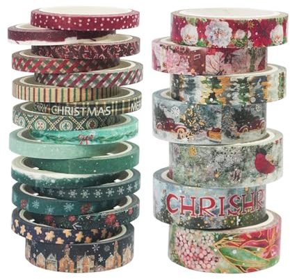 TSLBW Set di nastri adesivi natalizi, 24 rotoli di nastro adesivo per mascheratura per l'artigianato artistico e fai-da-te, per abbellire diari, agende e materiale per scrapbooking