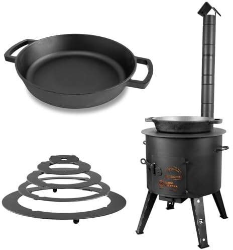 Ø44cm Uchag mit Adapter-Ringe Abzugsrohr Ø36cm Gusseisenpfanne zwei Griffe | 2mm Stahl Utschak Bräter Schmortopf Utschag Feldküche Feuerstelle Campingofen Außenküche Eintopfofen