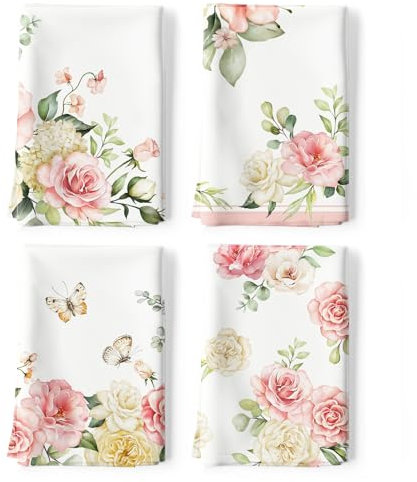 Arquiel 4Pcs Watercolor Flower Kitchen Tea Towels 100% Cotton Pink Floral Butterfly Hand Towels Multiple Uses Quick Dry Dish Cloth for Table, Kitchen Decor, Housewarming Gifts