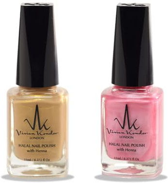 (2Pcs Set) Henna Infused Halal Nail Polish Water Permeable Nail Polish Vegan Long lasting Nail polish (Enchanted Pink, Golden Beige)