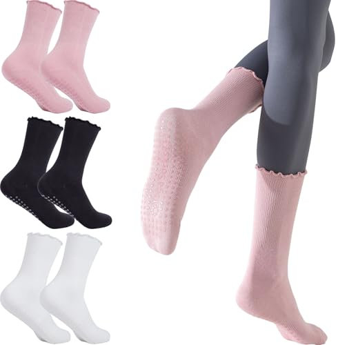 3 Paar Pilates Socken mit Griffen Anti-Rutsch-Kräuselung Yoga Socken Grip Socken für Ballett Tanz Barfuß (DE/NL/SE/PL, Alphanumerisch, Einheitsgröße, Regular, Regular, 3 Paare - Schwarz+Weiß+Rosa)