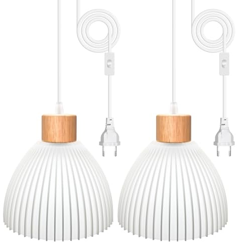 WPQIUZS 3D Gedruckter Hängelampe Kit mit Stecker 2 Stück, Lampenfassung E27 mit 500CM Kabel und 3D Streifen Lampenschirm, Pendelleuchte mit Stecker, Lampenkabel mit Schalter, Moderne Innenstil Licht