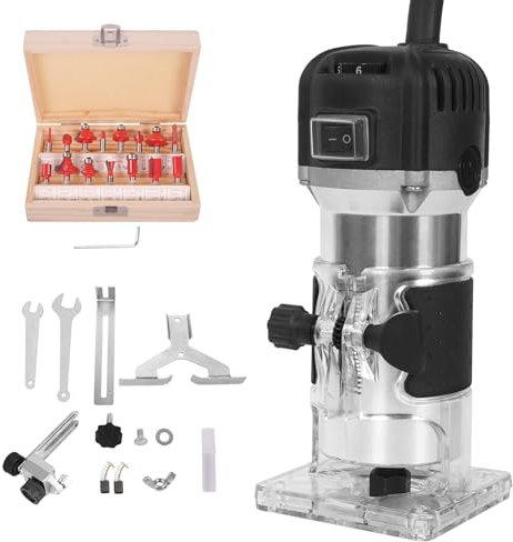 Hoapin Fresatrice per Legno 800W, Rifilatore per Legno per Lavorazione del Legno Rifinitura Scanalatura Intaglio, Fresatrice Verticale Legno con 15 pezzi Mandrino 6.35mm