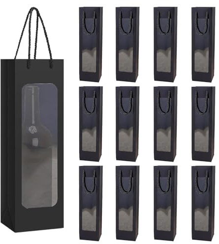Bolsas para Regalos de Vino, 12 Piezas bolsas Botellas de vin con Ventana Transparente, Bolsa de Papel Kraft para una Botella de Vino con Asa, Organizador de vino Kraft, Para Navidad, Boda (Negro)