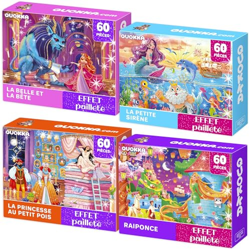 Puzzle ab 4 5 Für Kinder - Rahmenpuzzle ab 5 6 Jungen und Mädchen | 4x60 Bunte Puzzle Spiele mit Prinzessin Einhorn Meerjungfrau Tiere - Schimmernde Die Schöne und das Biest