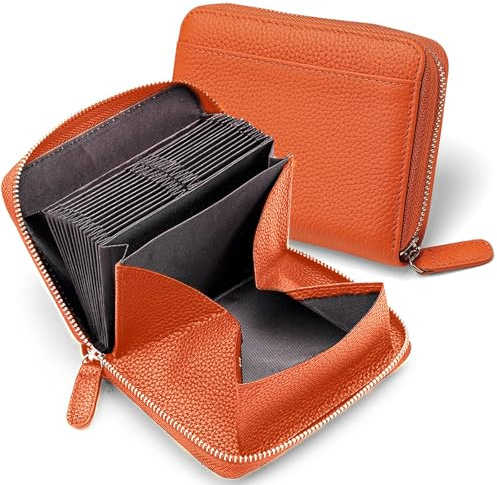 Geldbörse Damen mit RFID Schutz, 24 Fächer Kartenetui Leder Portemonnaie Damen mit Reißverschluss, Orgel-Stil Geldbeutel Dame mit Mehreren Fächern, Brieftasche Geldbörse für Frauen, Orange