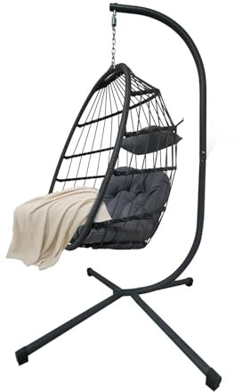 Swing Chairs,Egg Chair Rattan Hanging with Cushion, Foldable Egg Chairs Outdoor Indoor, Garden Patio Hammock Chair with Stand & Adjustable Height, upto 130 Kg Weight Capacity (Grey)