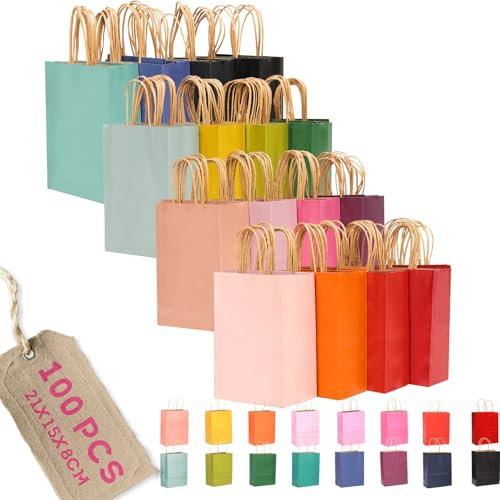 Gcardist 100 Stück Kleinei-Geschenktüten aus Papier mit Henkeln–8.3×6×3.15kleine Party-Tüten aus Kraftpapier – 16 einfarbige Farben
