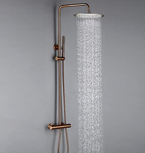HUIMOZ Shower Set, Thermostat Rose Gold Shower Mixer Valve Set Bathroom Wall Mount Arm Diverter with 8-12 Inch Round Rainfall Handheld Spray, Luxury Shower System,8 Inch