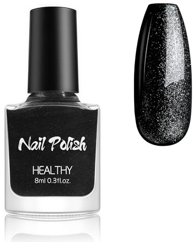 Black Nail Polish, Glitter Shimmer Black Nail Varnish, Quick Dry Long Lasting Goth Makeup, Matte Breathable No UV Needed, Halloween Nail Art Manicure for Women