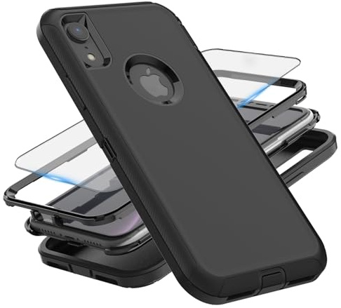 GuardCase Für iPhone XR Hülle, Militärklasse 3 in 1 Schwere stoßfeste/stürzsichere/staubfeste Handyhülle mit 1 Gehärtetes Glas-Bildschirmschutzfolie (schwarz)