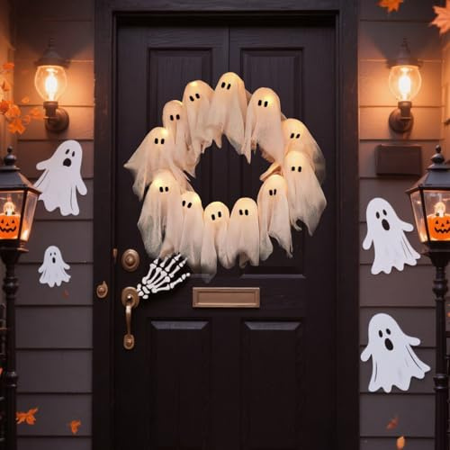 Halloween Llight Up Ghost Wreath for Suspend Front Door Glowing White Ghost Flower Wreaths Kit Wall Decor Battery Powered Halloween Party Ghost Wreath Hanging Decorations for Indoor (Large)