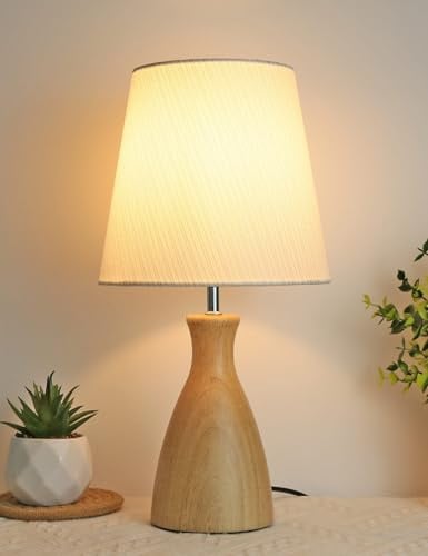 HSLighting Nachttischlampe aus Holz, Tischlampe mit Kabel Einstellbar Ein-/Ausschalter Goldenen Garnfäden Stoffschirm Minimalistische Tischleuchte für Nachttisch Schlafzimmer Wohnzimmer Geschenk