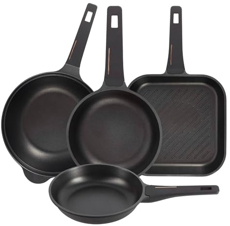 Set mit 2 Pfannen Ø 24 x 28 cm + Grillpfanne 28 x 28 cm + Wok Ø 30 cm aus Aluminiumguss, Farbe: Schwarz, Kupfer Bergner