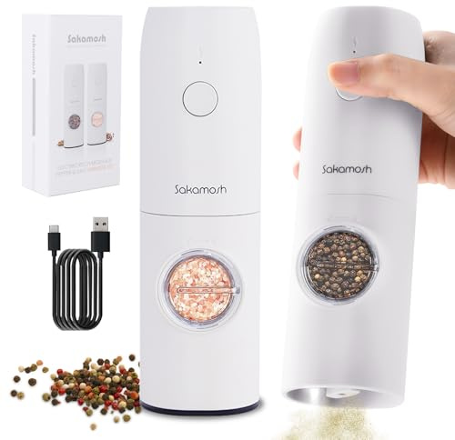 SAKAMOSH Electric Salt and Pepper Grinder Set, Rechargeable Pepper Mills with Adjustable Coarseness, LED Light, Automatic Salt and Pepper Shakers Refillable(2 Packs, White)