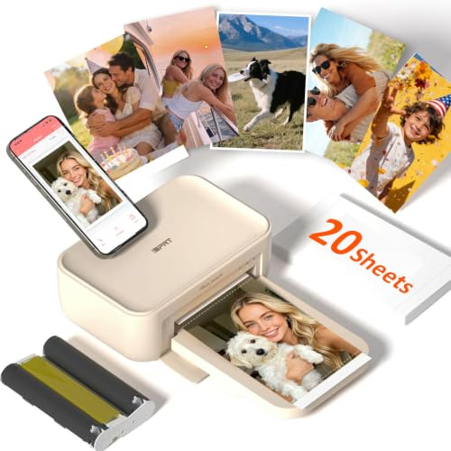 iDPRT CP4100 4x6 Fotodrucker, Farbsublimation, Wi-Fi, 20 Blatt, 1 Farbband | Sofort-Fotodrucker für iPhone und Android, inkl. AR-Video-Druck über HeyPhoto App, kompaktes Design, Beige