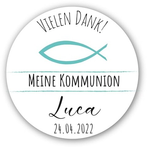 LittleVeeDesign 24 personalisierte DANKE Aufkleber zur Kommunion, Taufe, Konfirmation, Firmung | personalisiert mit deinem Wunschnamen | VIELEN DANK mit christlichem Fisch | rund 4 cm (türkis)