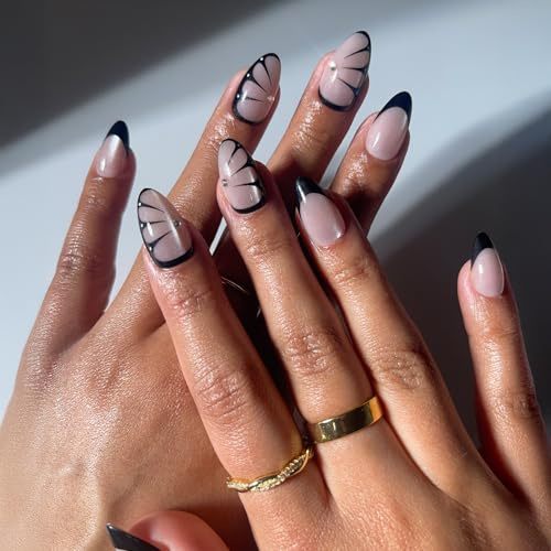 Glamnetic Press On Nails - Butterfly Effect | Short Almond Fake Nails in Nude with Black French Tips & Butterfly Design, Velvet Finish, Salon Quality | 15 Sizes - 30 Nail Kit with Glue
