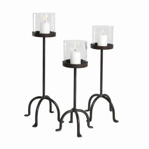 Loberon Kerzenständer 3er Set Tanbira, schwarz | DREI Größen - Gehämmertes Glas - Reizvoller Vintage-Stil - für Stumpenkerzen - Kerzenhalter - Dekoration - Eisen