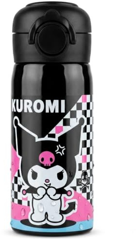 Coriex Kuromi Sanrio Gourde isotherme en acier inoxydable avec paille, 350 ml, noir et violet