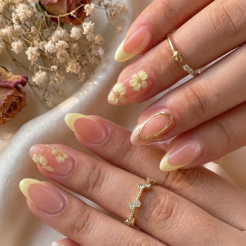 24Pcs Flower Press on Nails Almond Medium, French Tip Stick on Nails Set, Glossy Acrylic Fake Nails with Yellow Floral Design, Full Cover Reusable Nails for Women Spring Manicure